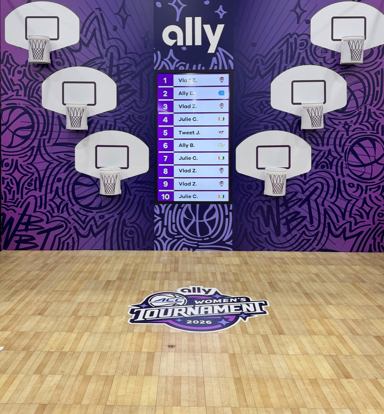 Ally ACC Women's Tournament basketball bucket wall with live leaderboard