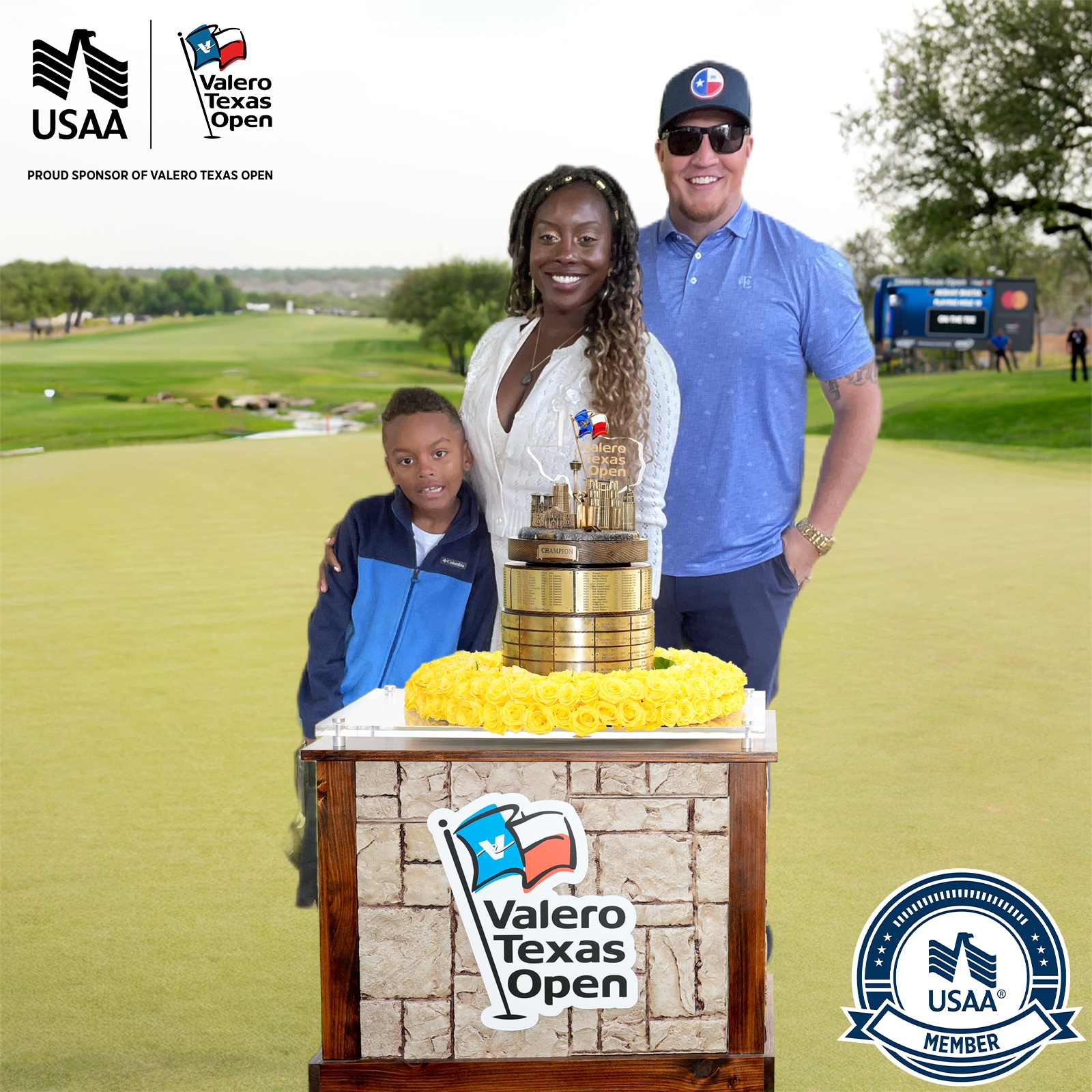 Family posed with the champion's trophy in a USAA branded output at the Valero Texas Open