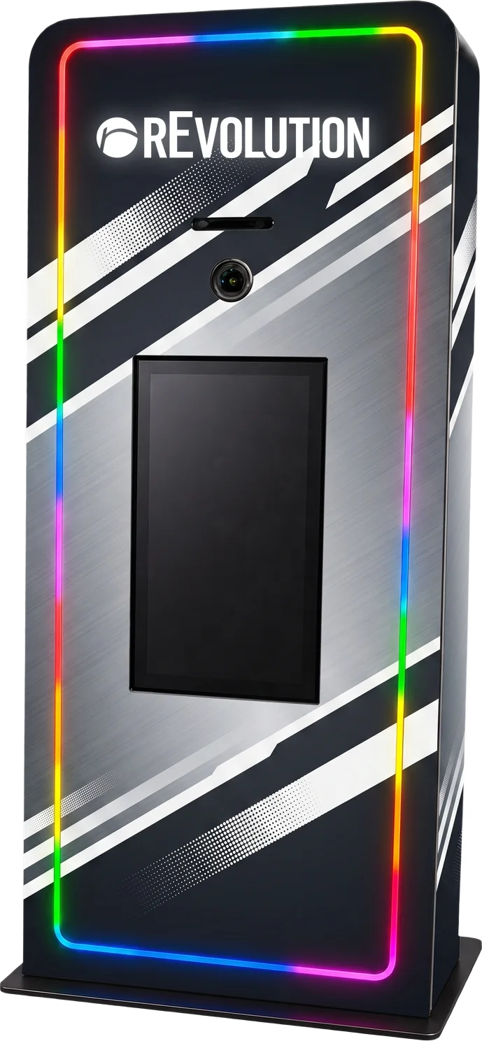 Elevated Kiosk with LED edge lighting, large touch screen, and integrated printer, shown in a rEveoltuon  custom wrap