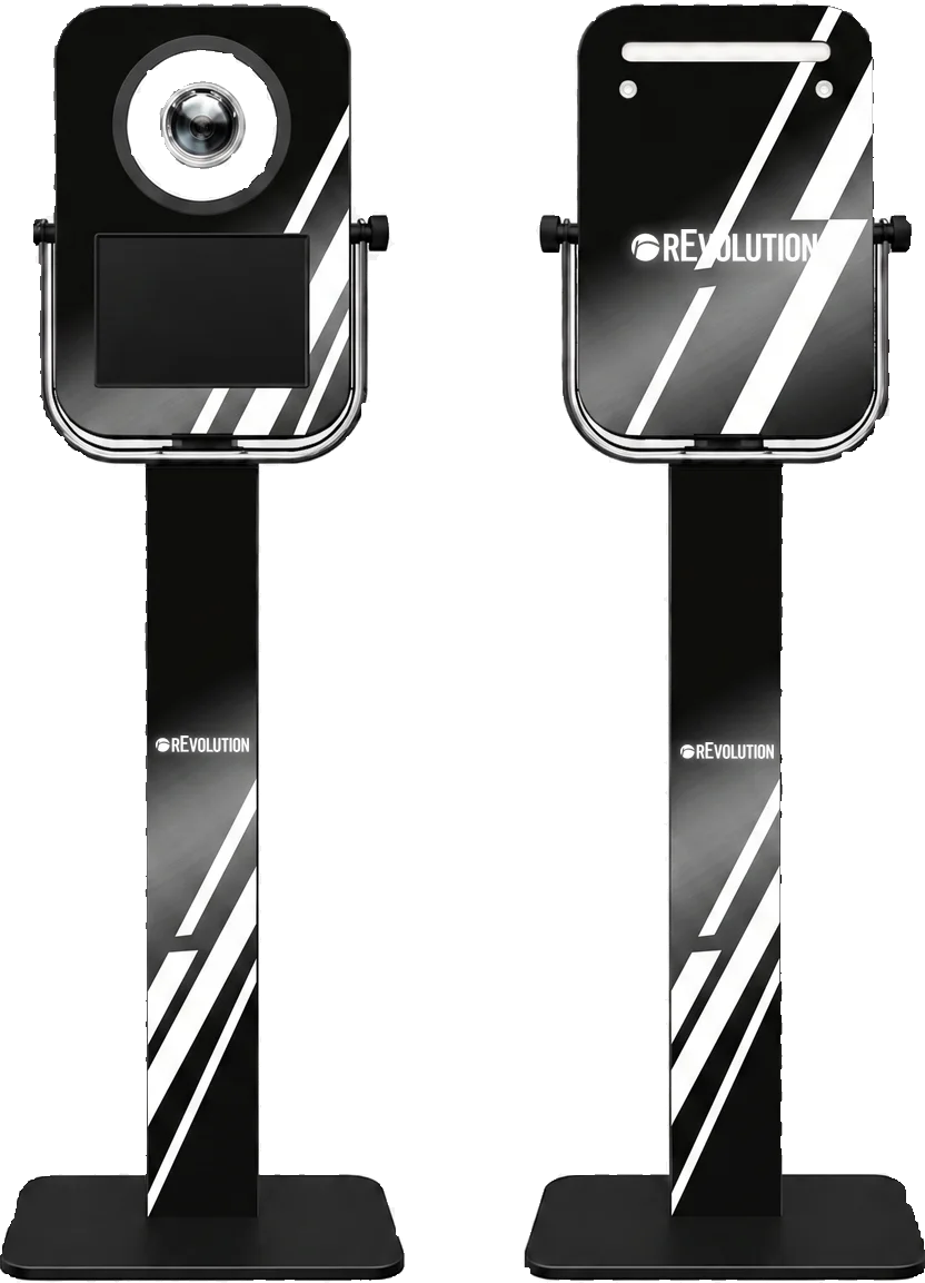 PRO booth, front and back, with adjustable tilting head unit, shown in a rEveoltuon  custom wrap