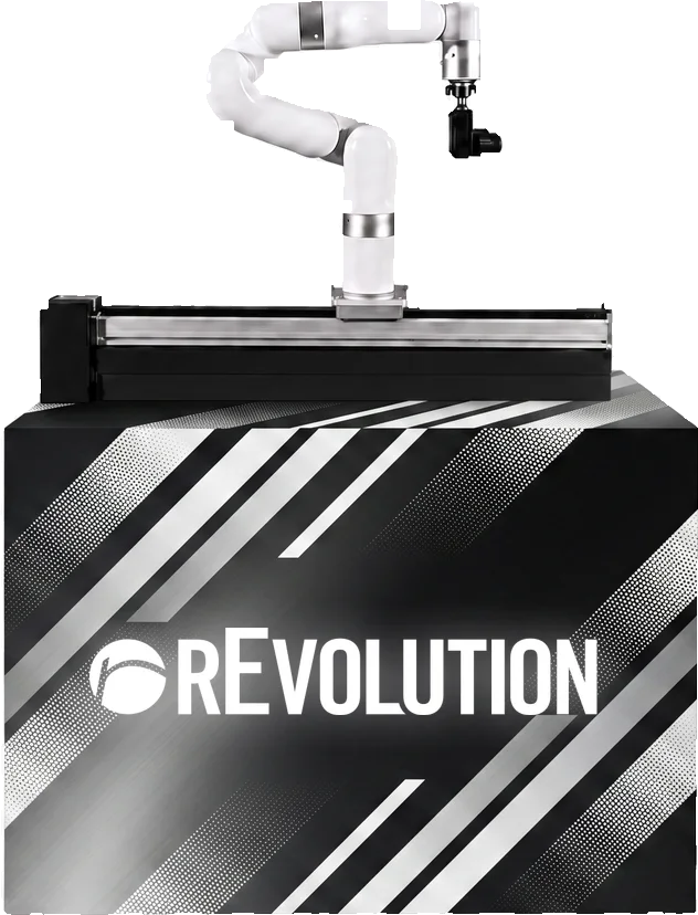 Robotic camera arm mounted on a rail atop a branded base cabinet, shown in a rEveoltuon  custom wrap