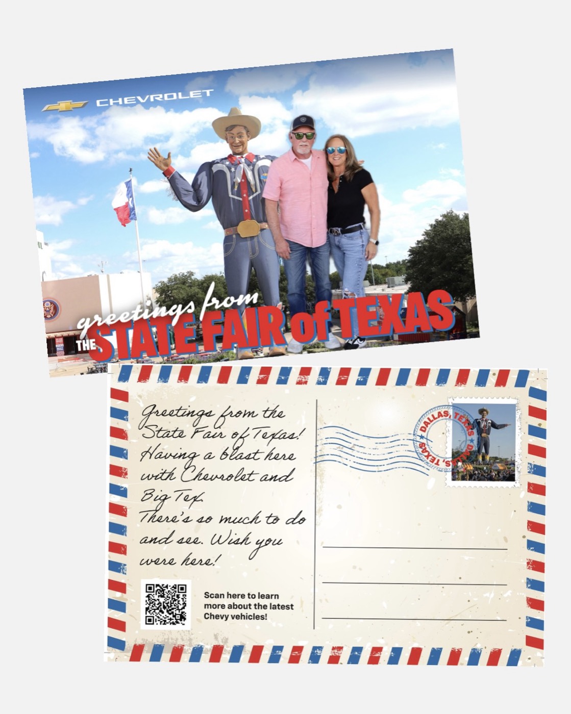 Chevrolet State Fair of Texas postcard, front and back with QR code